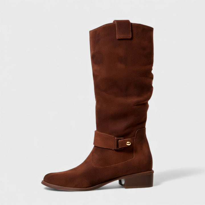 Chocolate brown tall boots with side buckle strap, pull-on style, low block heel