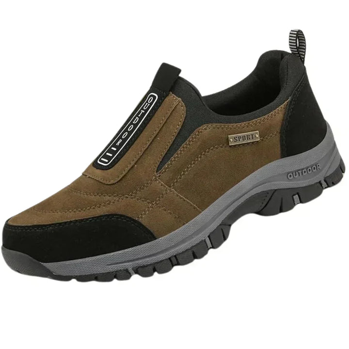 Lilian orthopedic shoes, brown slip-on sneaker with elastic side tab and grippy outsole