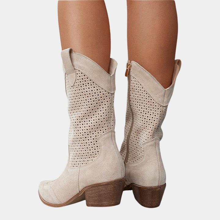 Beige cowboy orthopedic boots, perforated design with low block heel