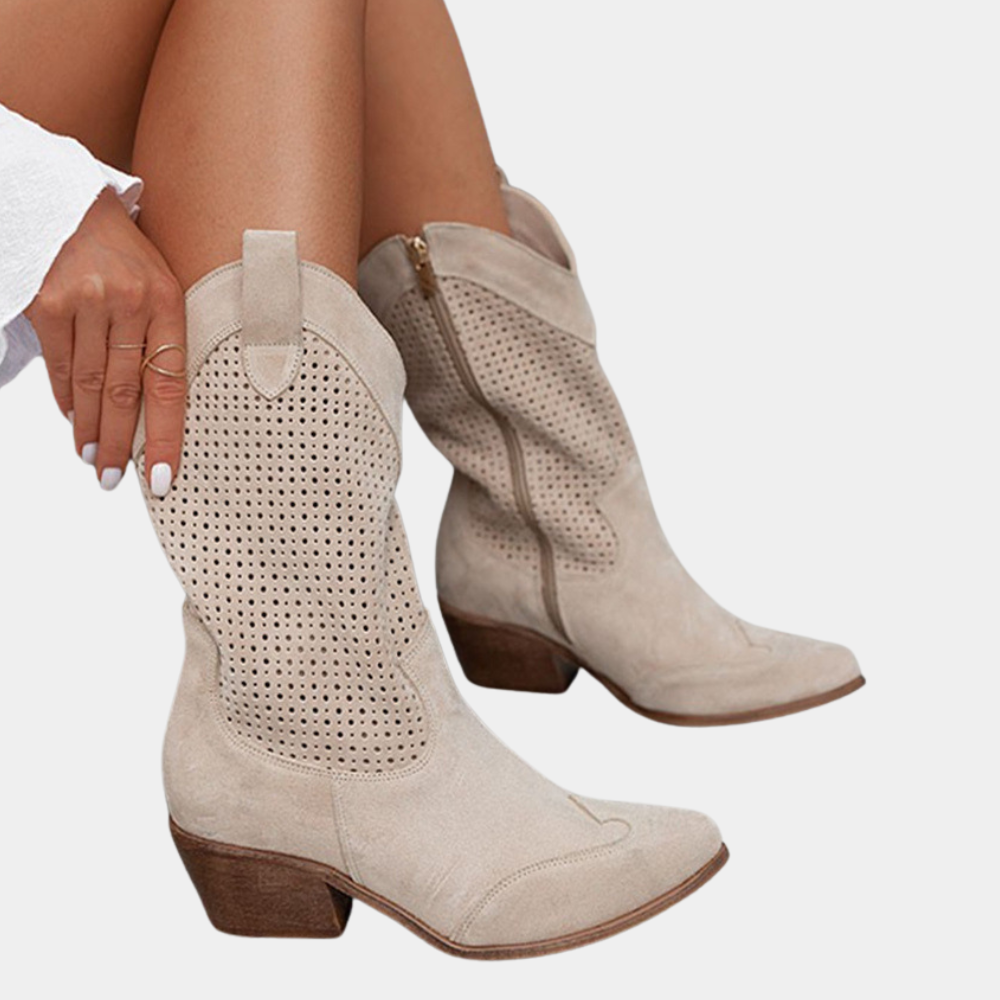 Beige cowboy orthopedic boots with perforated sides and stacked block heel