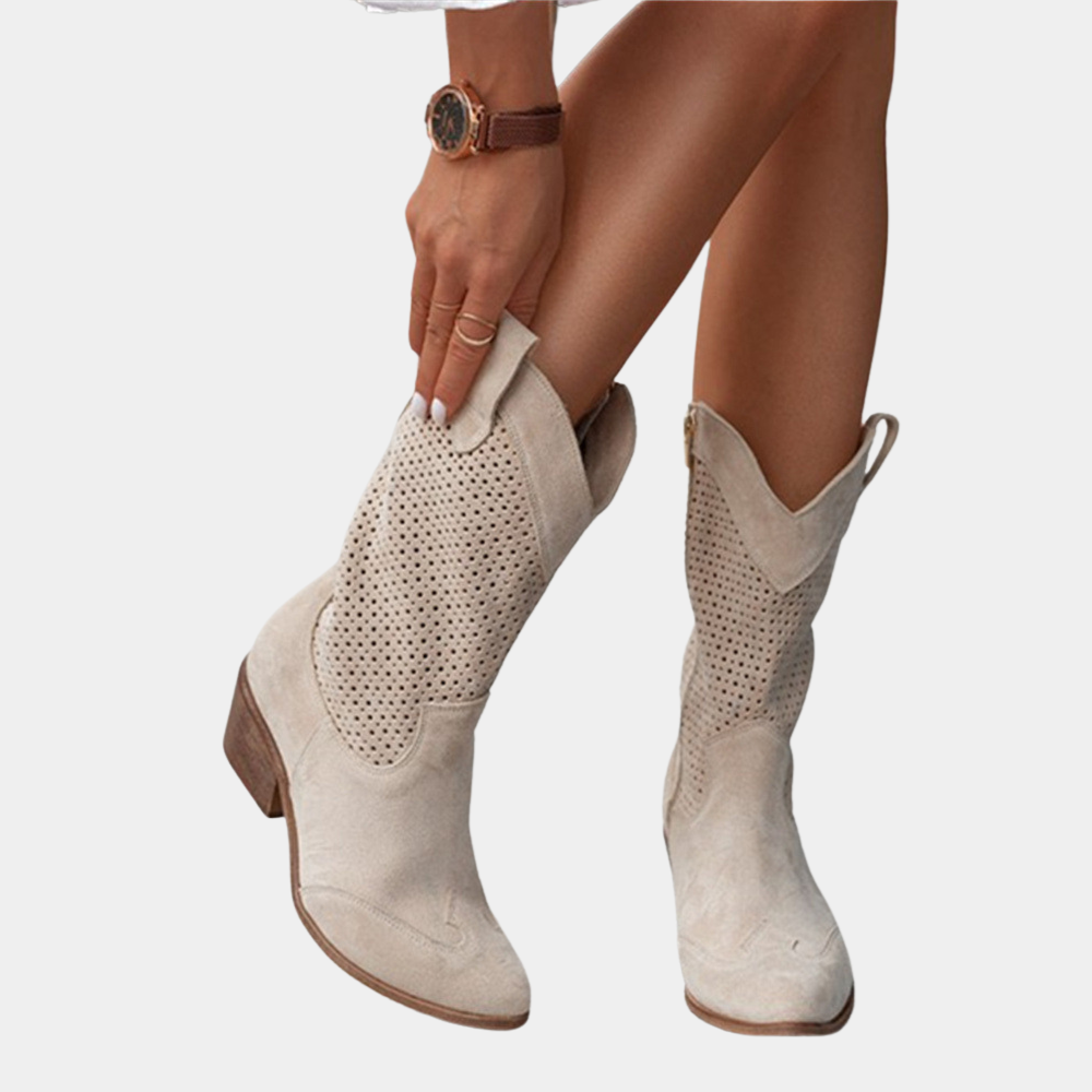 Beige cowboy orthopedic boots with perforated shafts and mid block heel