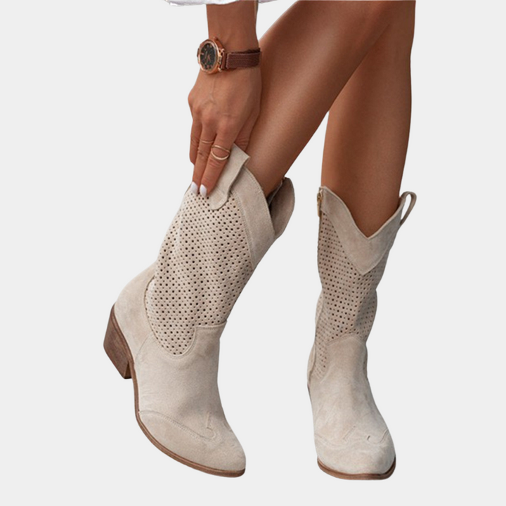 Beige cowboy orthopedic boots with perforated shafts and mid block heel