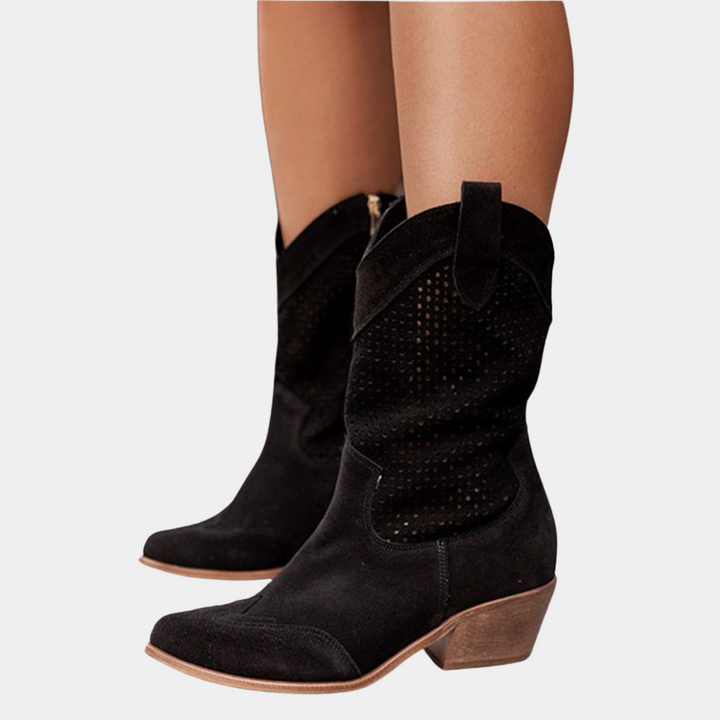 Black cowboy-style orthopedic boots with perforated uppers and medium heel