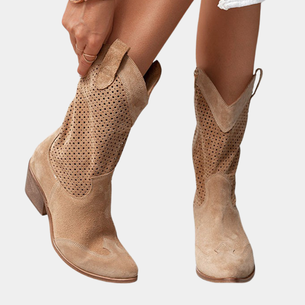 Tan/brown suede cowboy orthopedic boots with perforated panels and low heel