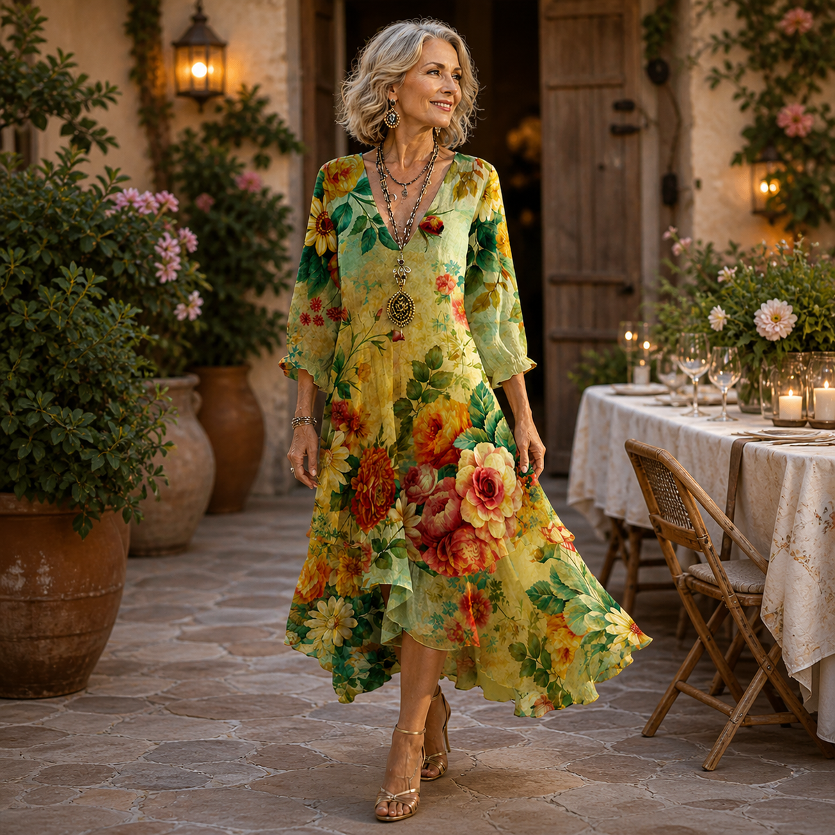 Floral midi dress, green with multicolor rose and leaf print, 3/4 sleeves, midi hem.