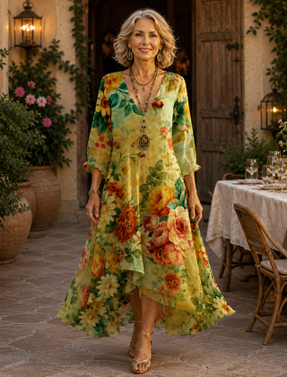 Floral midi dress with V-neck, 3/4 sleeves, and multicolor blossoms on green fabric.