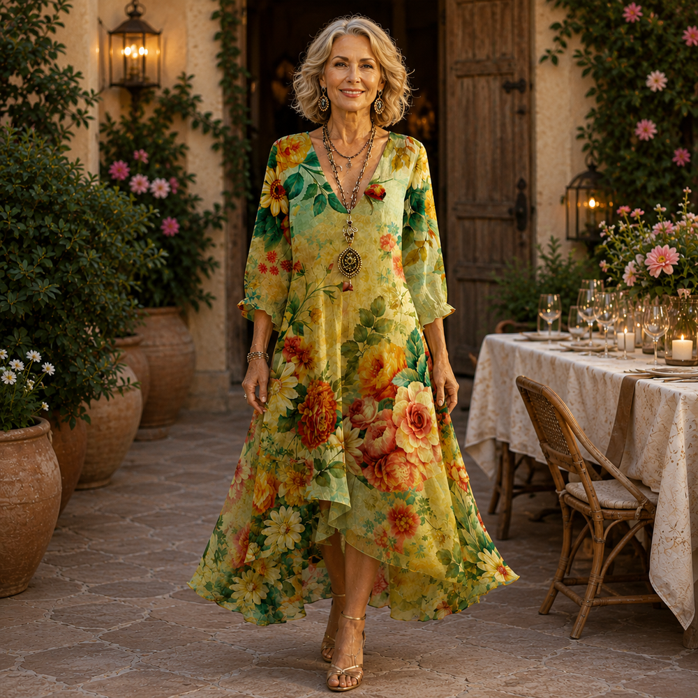 Floral midi dress with V-neck, 3/4 sleeves, and multicolor blossoms on green fabric.