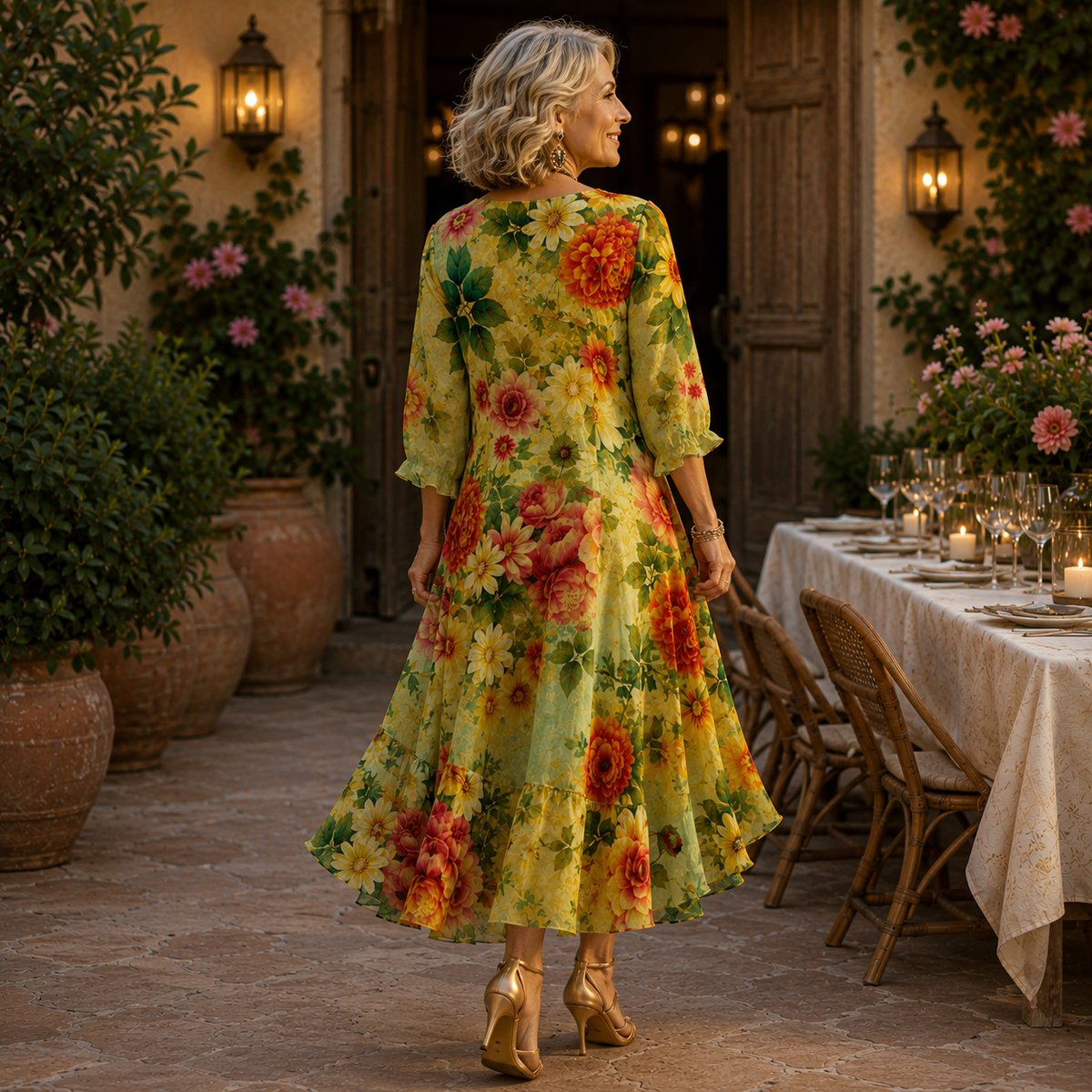 Floral midi dress in green with multicolor flower print, 3/4 sleeves, flowing skirt.
