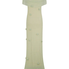 Sage off-shoulder knit maxi dress, long length with scattered floral embellishments