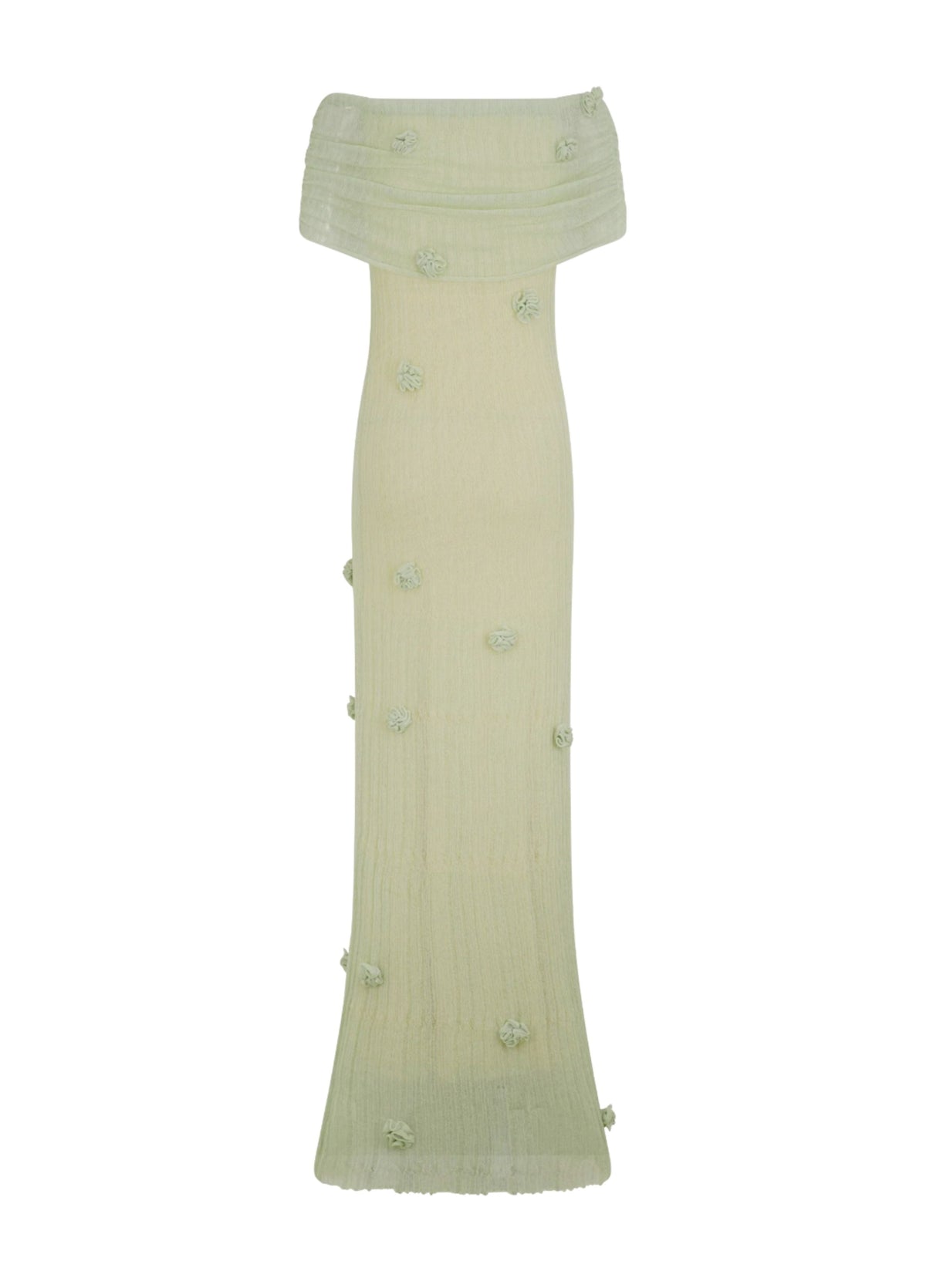 Sage off-shoulder knit maxi dress, long length with scattered floral embellishments