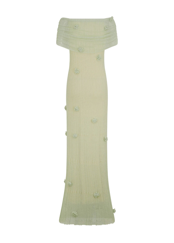 Sage off-shoulder knit maxi dress, long length with scattered floral embellishments
