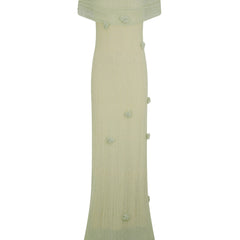 Sage off-shoulder knit maxi dress with textured knit and small flower details