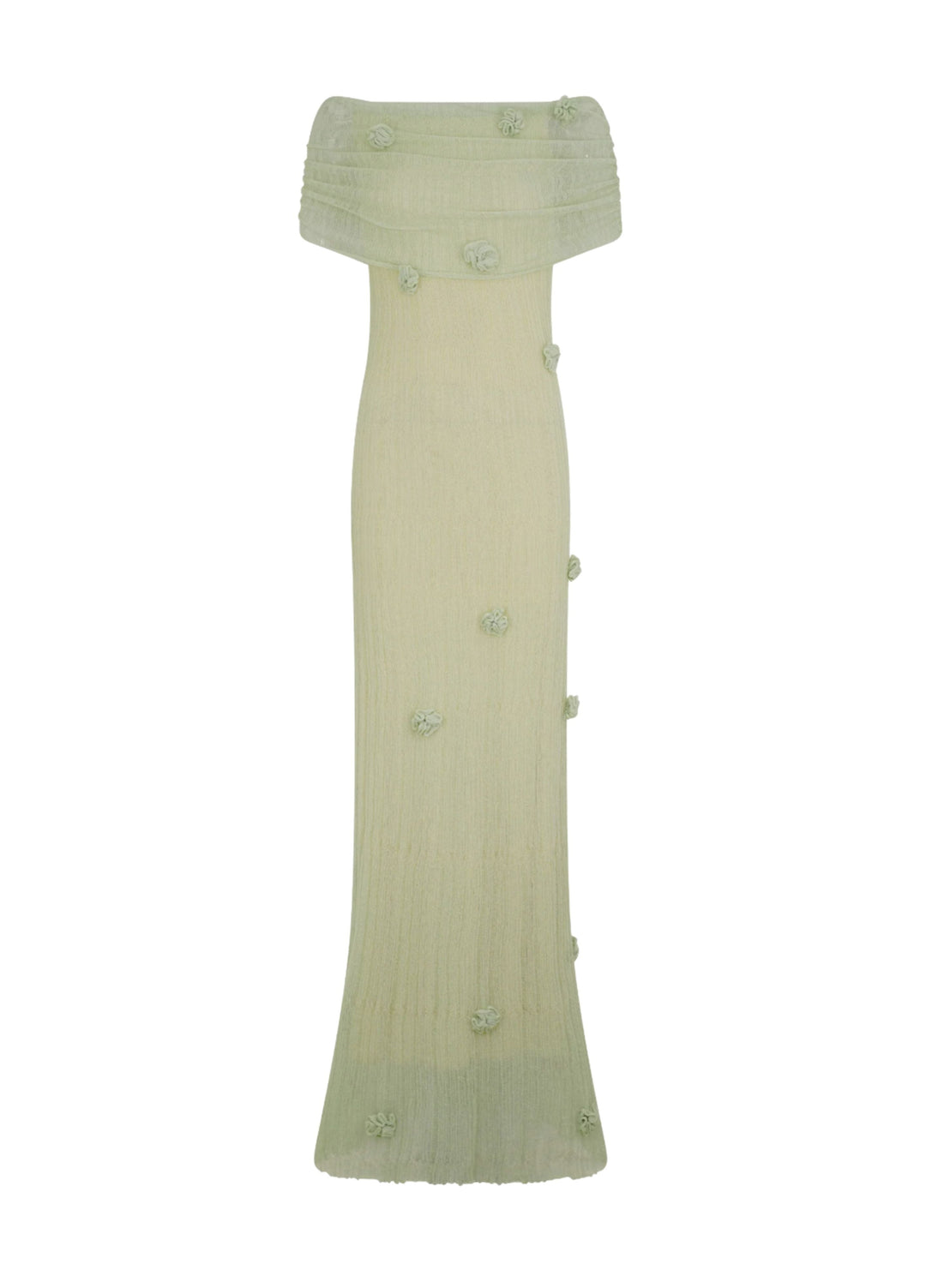 Sage off-shoulder knit maxi dress with textured knit and small flower details