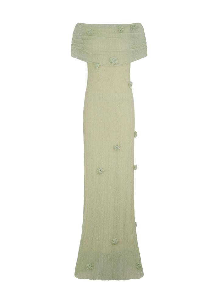 Sage off-shoulder knit maxi dress with textured knit and small flower details