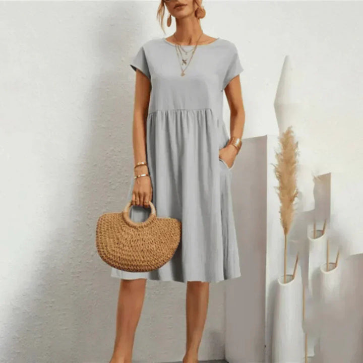 Mira™ relaxed midi dress, light grey, short sleeves, scoop neck, gathered waist