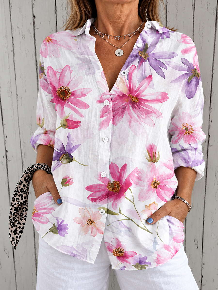 Women’s button-front floral blouse with 3/4 sleeves, pink and purple blossoms on white