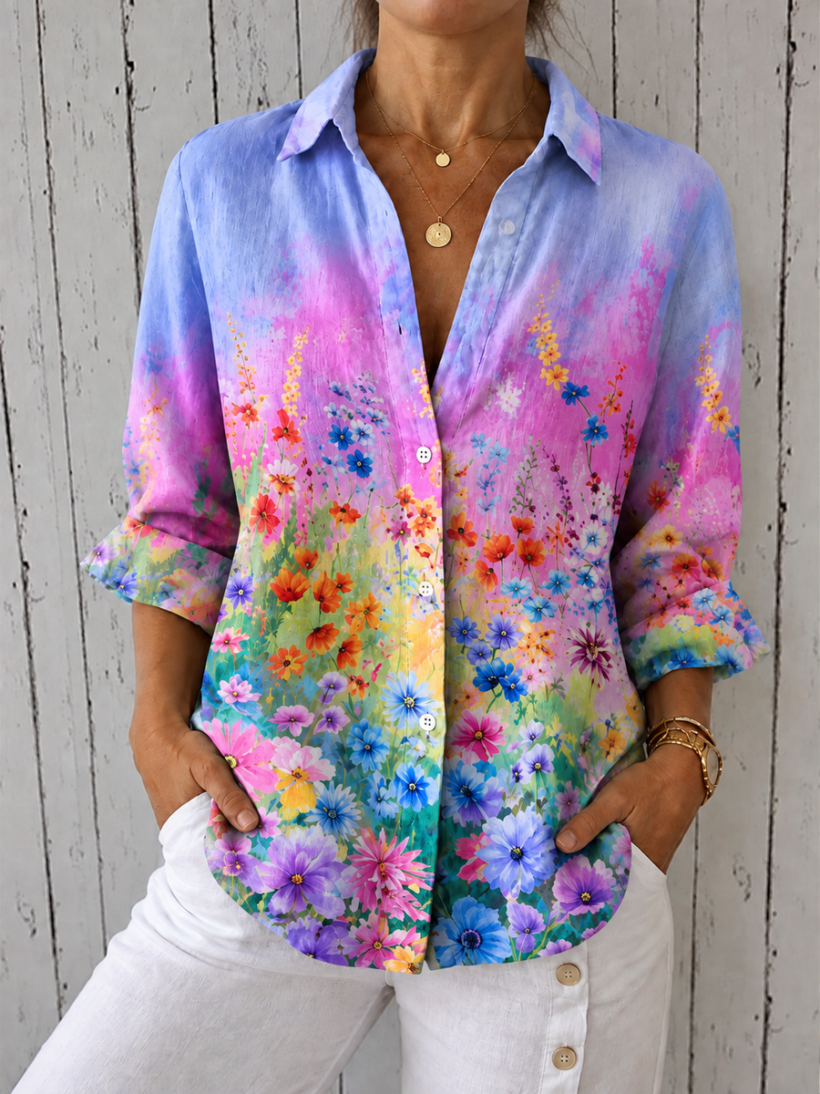 Cotton-linen blouse with multicolour floral print, button-front and collared neckline