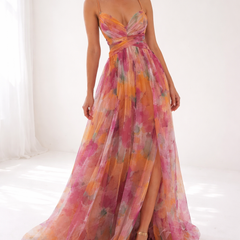 Watercolor floral maxi dress, spaghetti straps, V-neck bodice, pink/purple tiered skirt