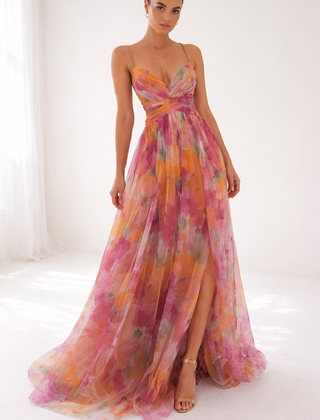 Watercolor floral maxi dress, spaghetti straps, V-neck bodice, pink/purple tiered skirt