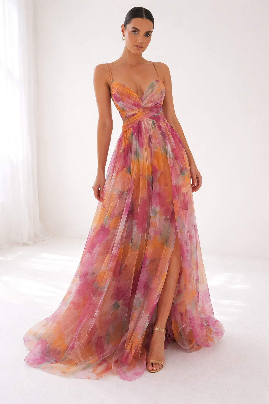 Watercolor floral maxi dress, spaghetti straps, V-neck bodice, pink/purple tiered skirt