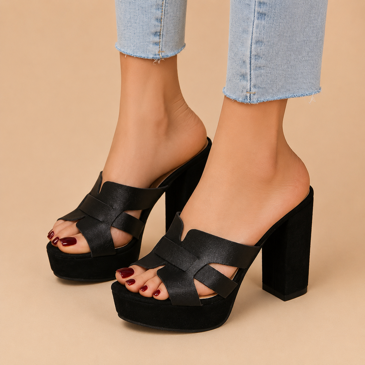 Black platform heeled slide sandals with cross straps and open toe