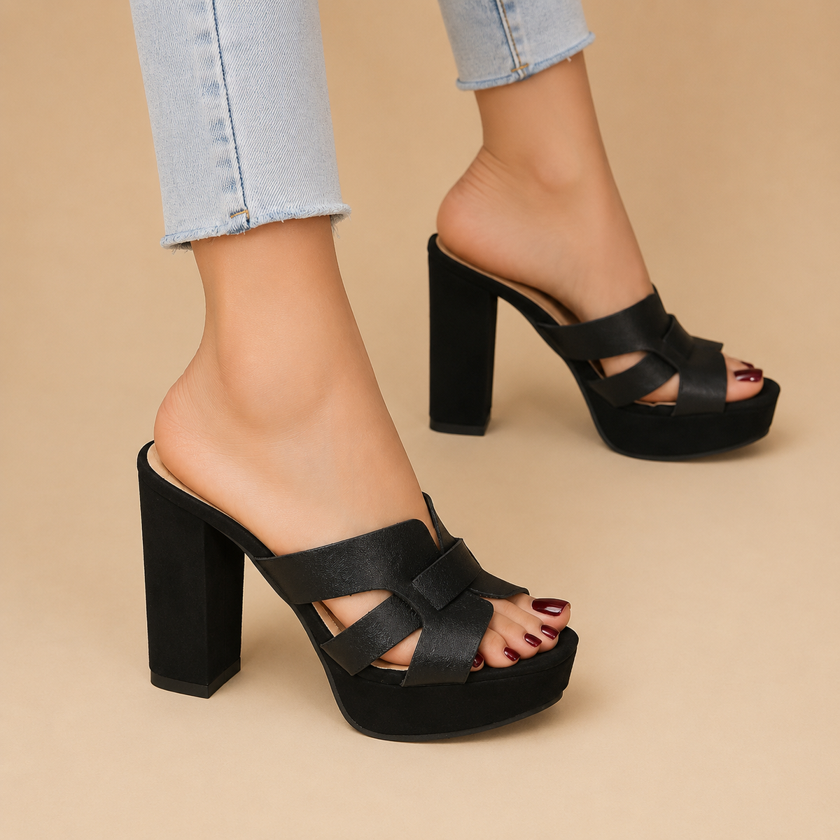 Black platform heeled sandals with cross straps and chunky block heel