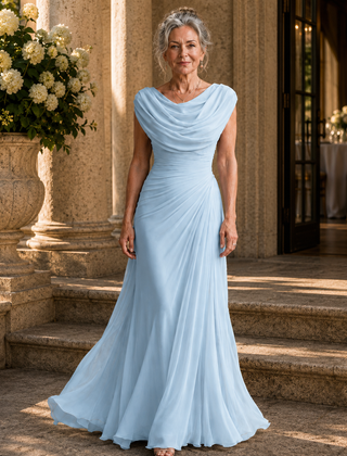 Light blue maxi dress with draped cowl neck, fitted bodice, and flowing floor-length skirt.