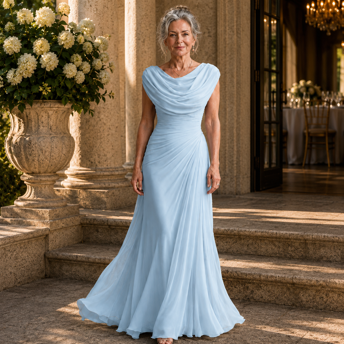 Light blue maxi dress with draped cowl neck, fitted bodice, and flowing floor-length skirt.