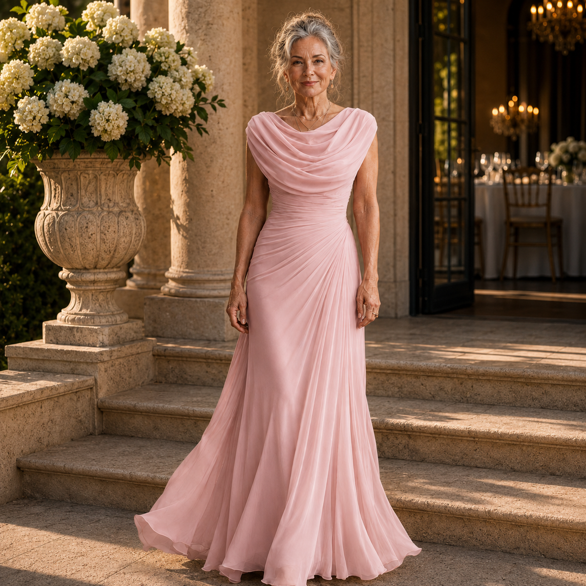 Pink maxi dress with draped cowl neck, fitted bodice, and flowing floor-length skirt.