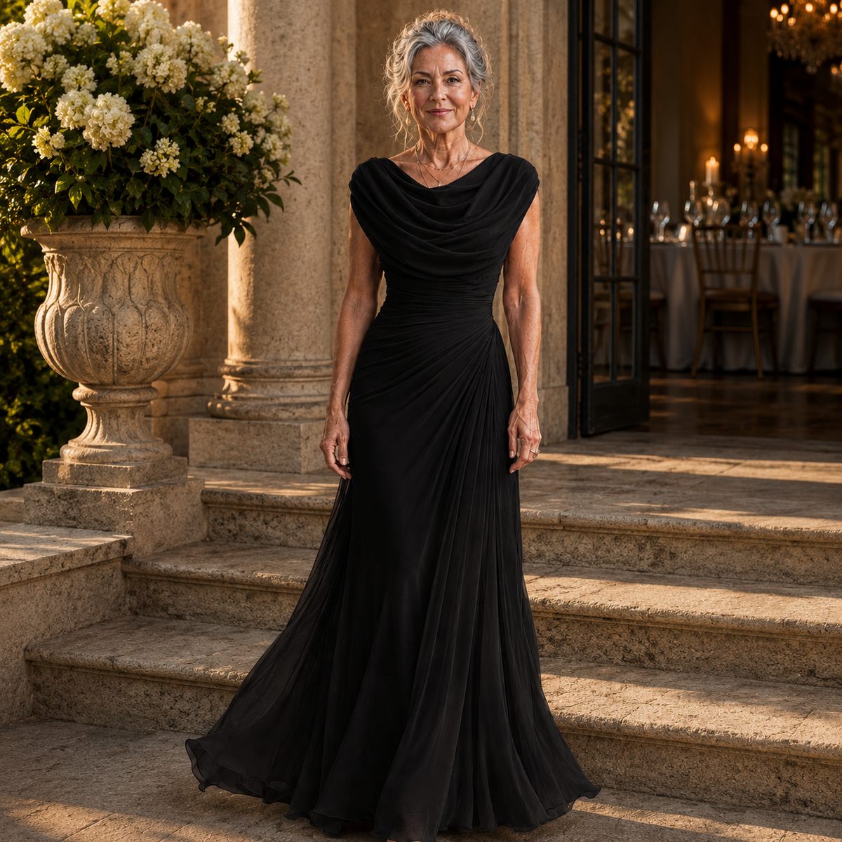 Black maxi dress with draped cowl neck, fitted bodice, and flowing floor-length skirt.