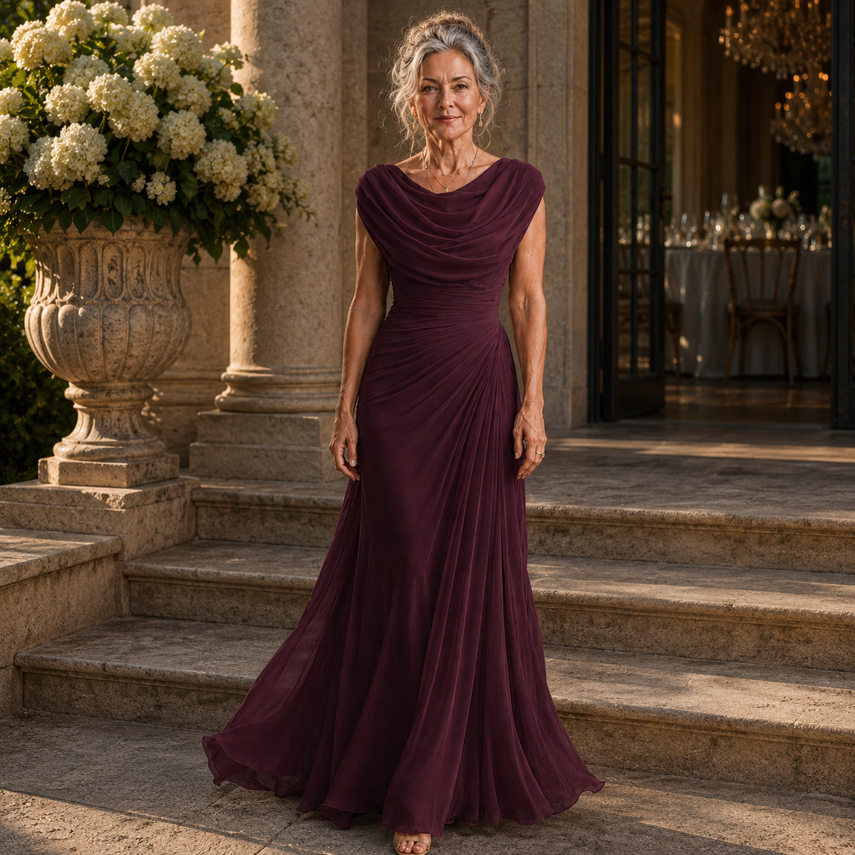 Burgundy maxi dress with draped cowl neck, fitted bodice, and flowing floor-length skirt.