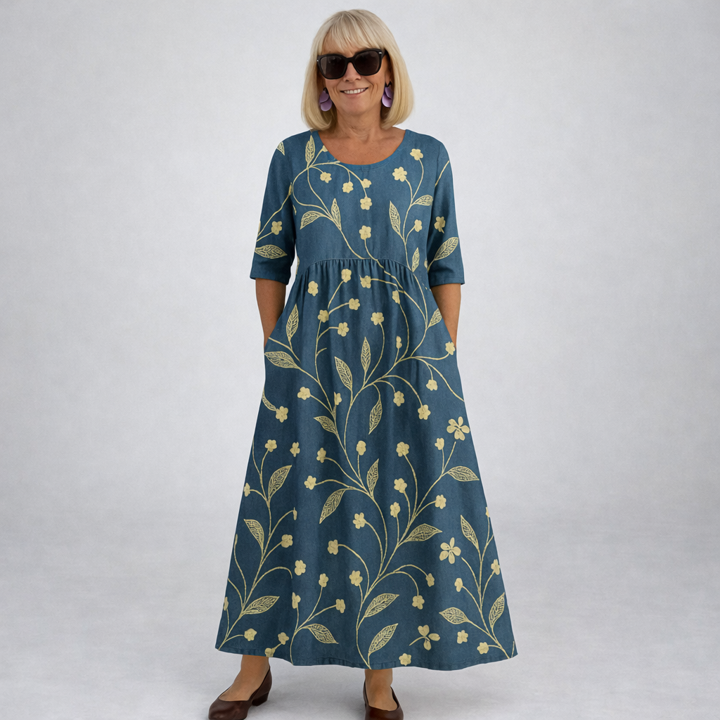 Midi floral dress in dark navy with yellow leaf pattern and 3/4 sleeves