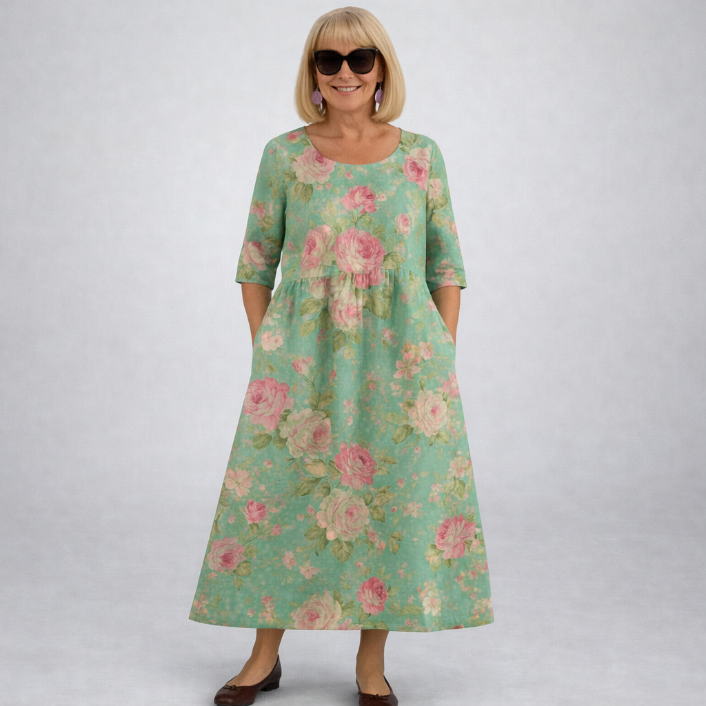 Midi floral dress in teal green with large pink roses, 3/4 sleeves