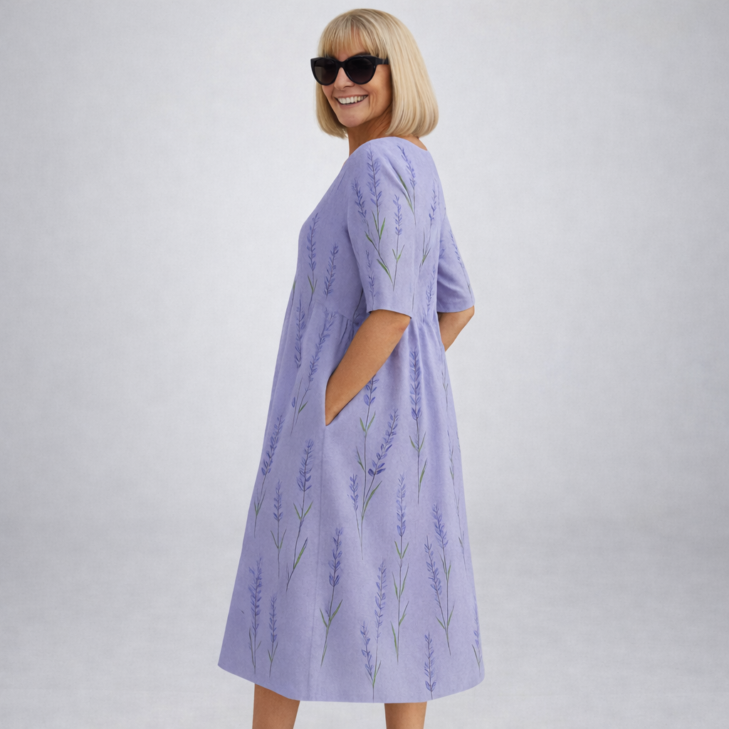 Midi floral dress in lavender purple with branch pattern, 3/4 sleeves