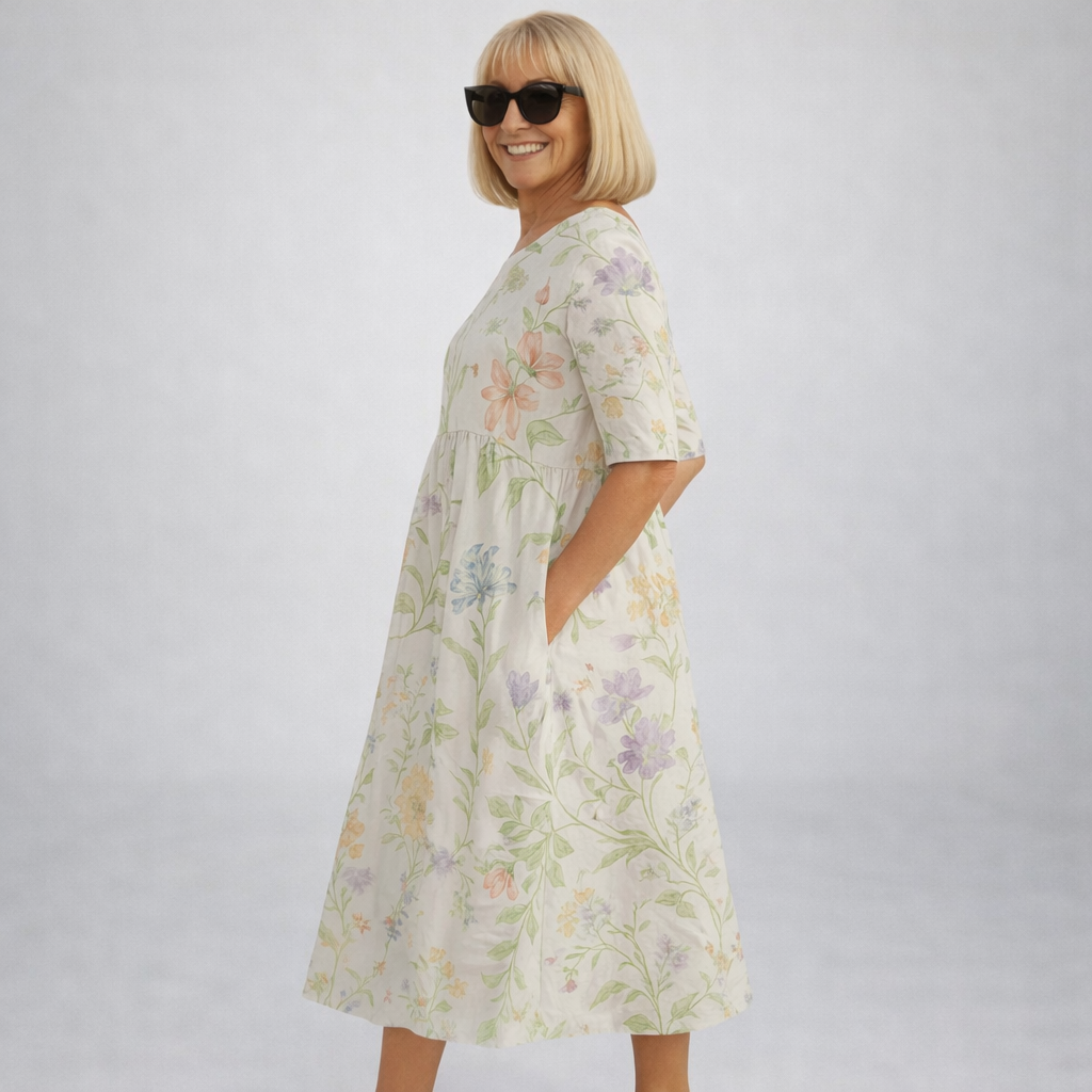 Midi floral dress in pale white with pastel floral print, 3/4 sleeves