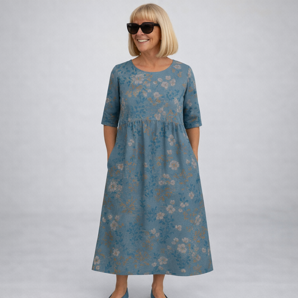 Midi floral dress in dusty blue with small floral print and 3/4 sleeves