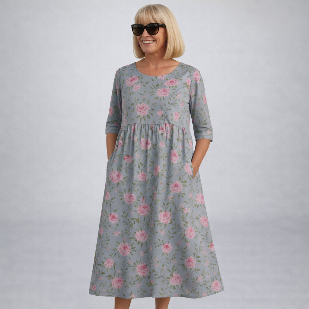 Midi floral dress in gray with pink roses, gathered waist, 3/4 sleeves