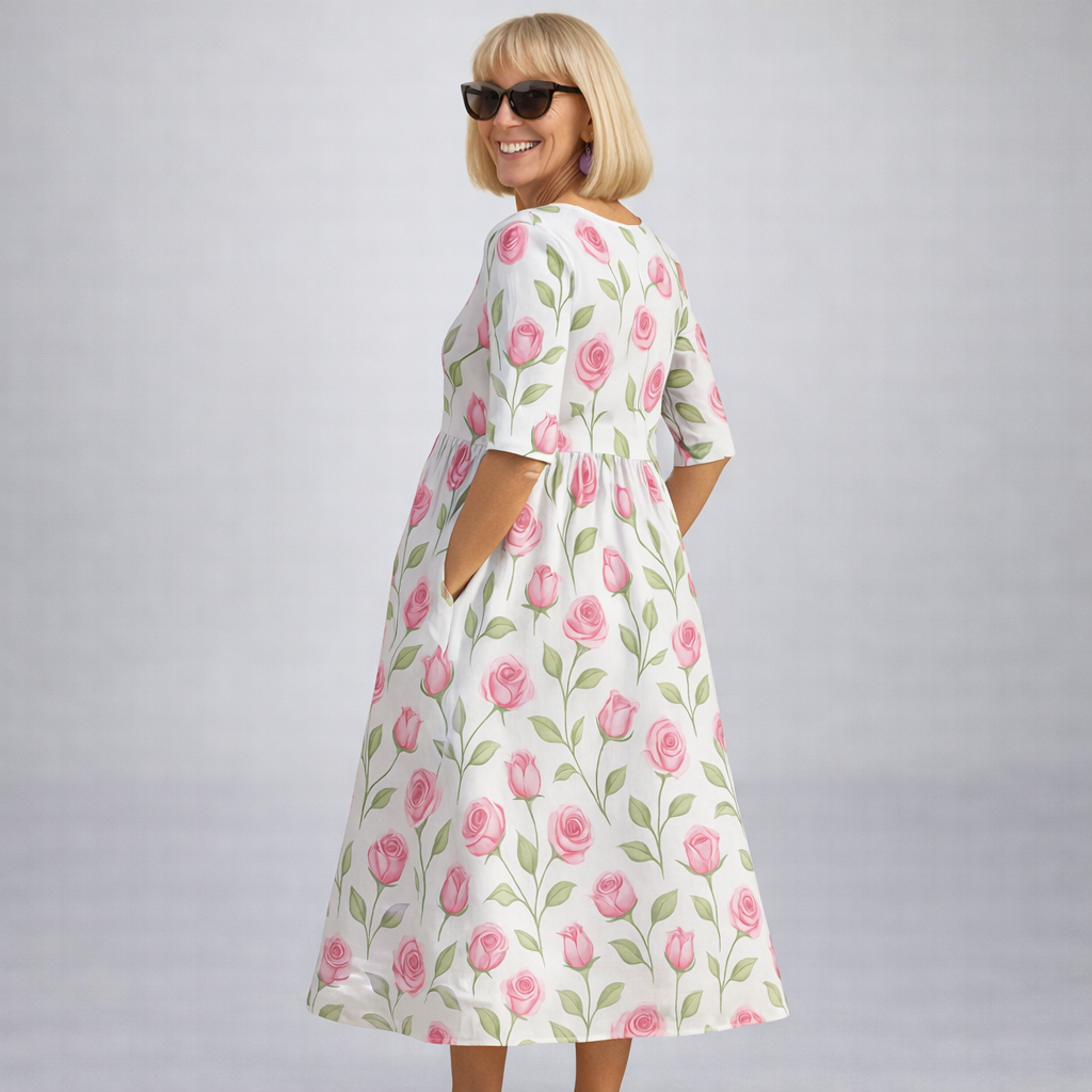 Midi floral dress in white with pink rose print and 3/4 sleeves