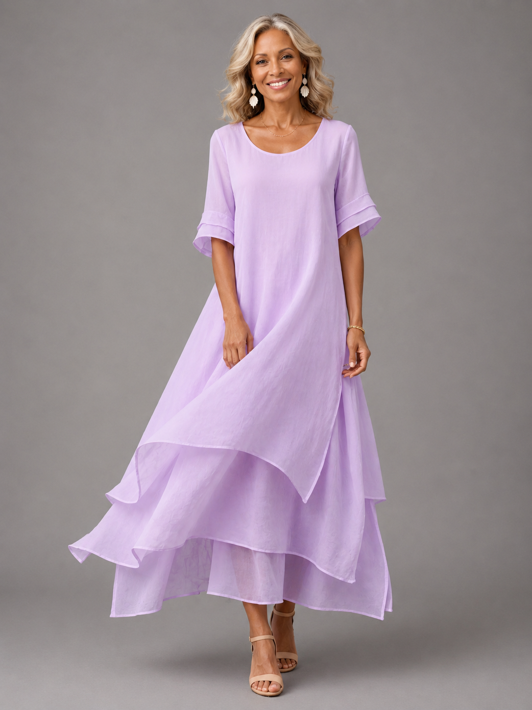 Women's purple tiered maxi dress with short sleeves and layered ruffle hem