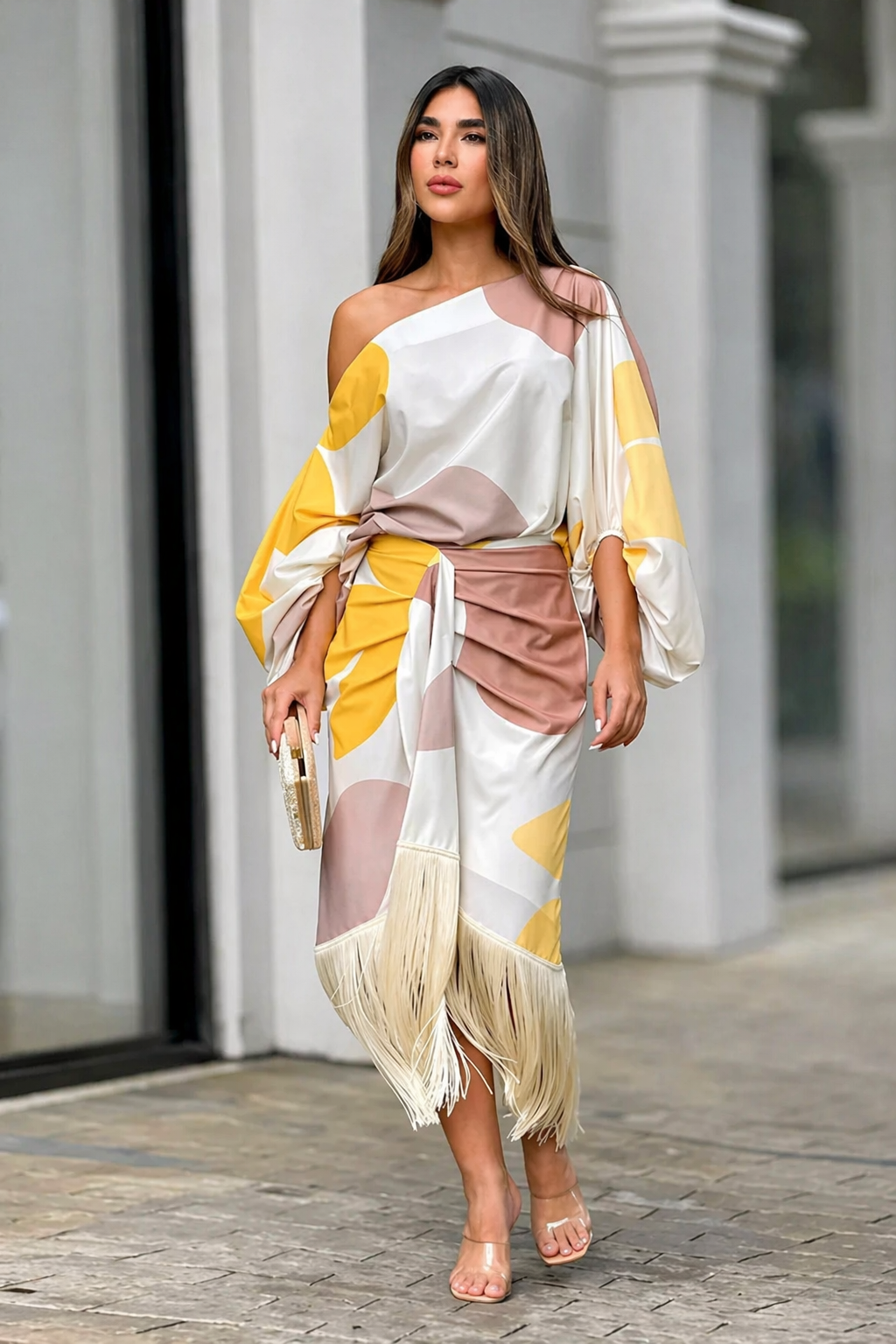 Glamour dress with white base, yellow and mauve geometric panels, tassel fringe hem
