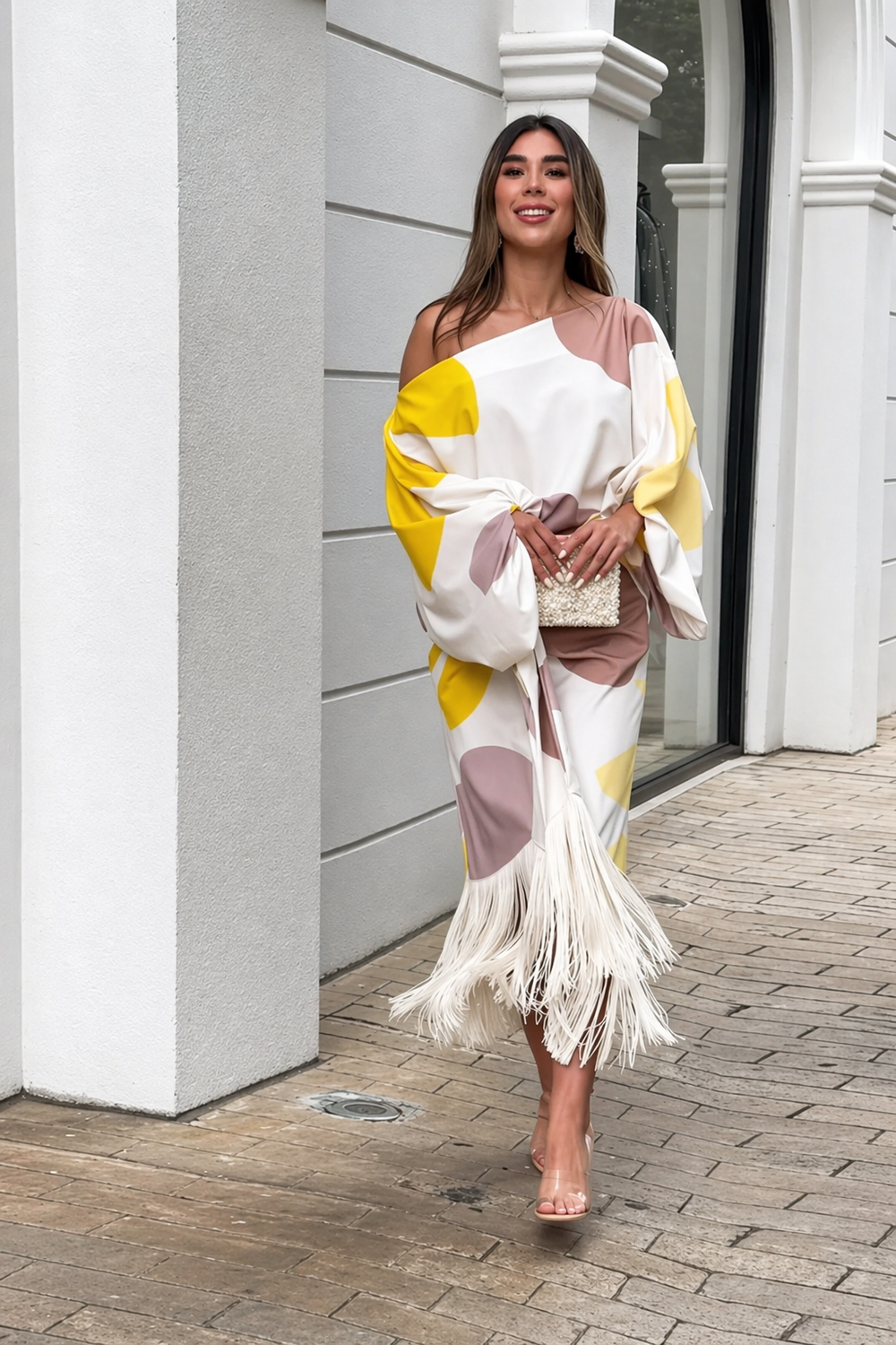 Off-shoulder glamour dress in white with yellow and mauve blocks, long tassel fringe