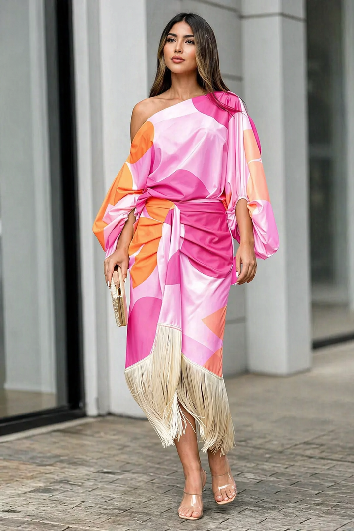 Glamour dress with pink, orange, and white geometric panels, satin off-shoulder style