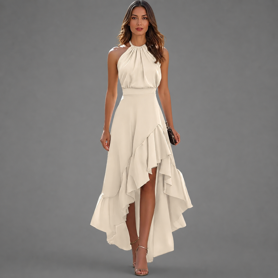 White halter maxi dress with sleeveless bodice and layered ruffle high-low hem