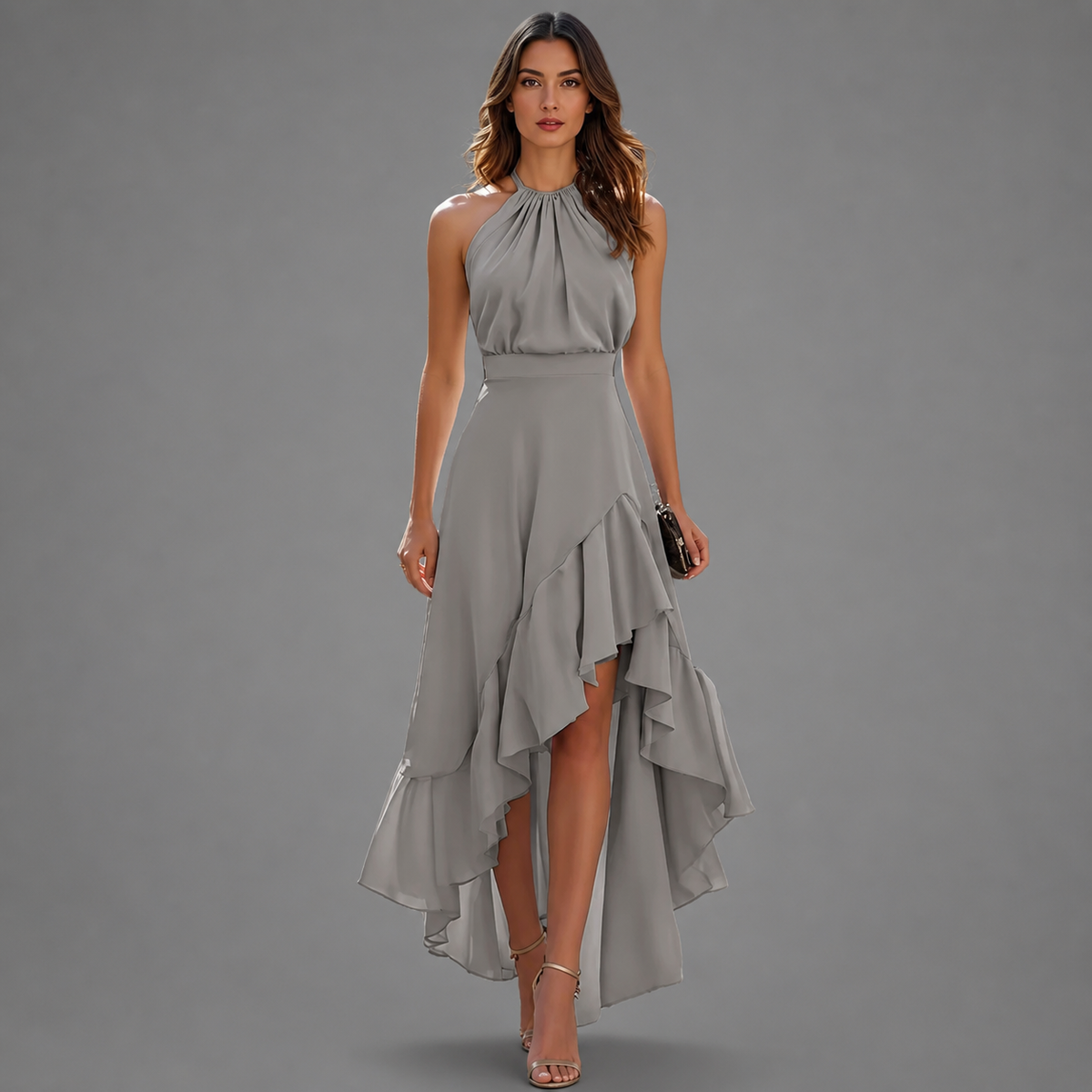 Gray halter maxi dress with sleeveless bodice and layered ruffle high-low hem