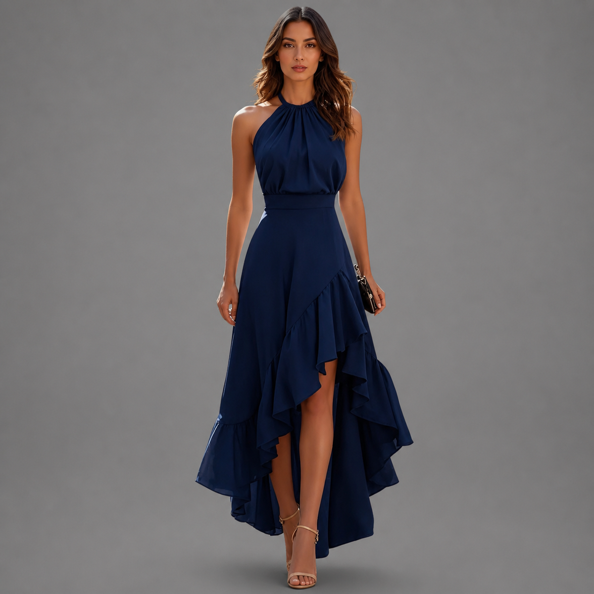 Navy blue halter maxi dress with sleeveless bodice and layered ruffle high-low hem