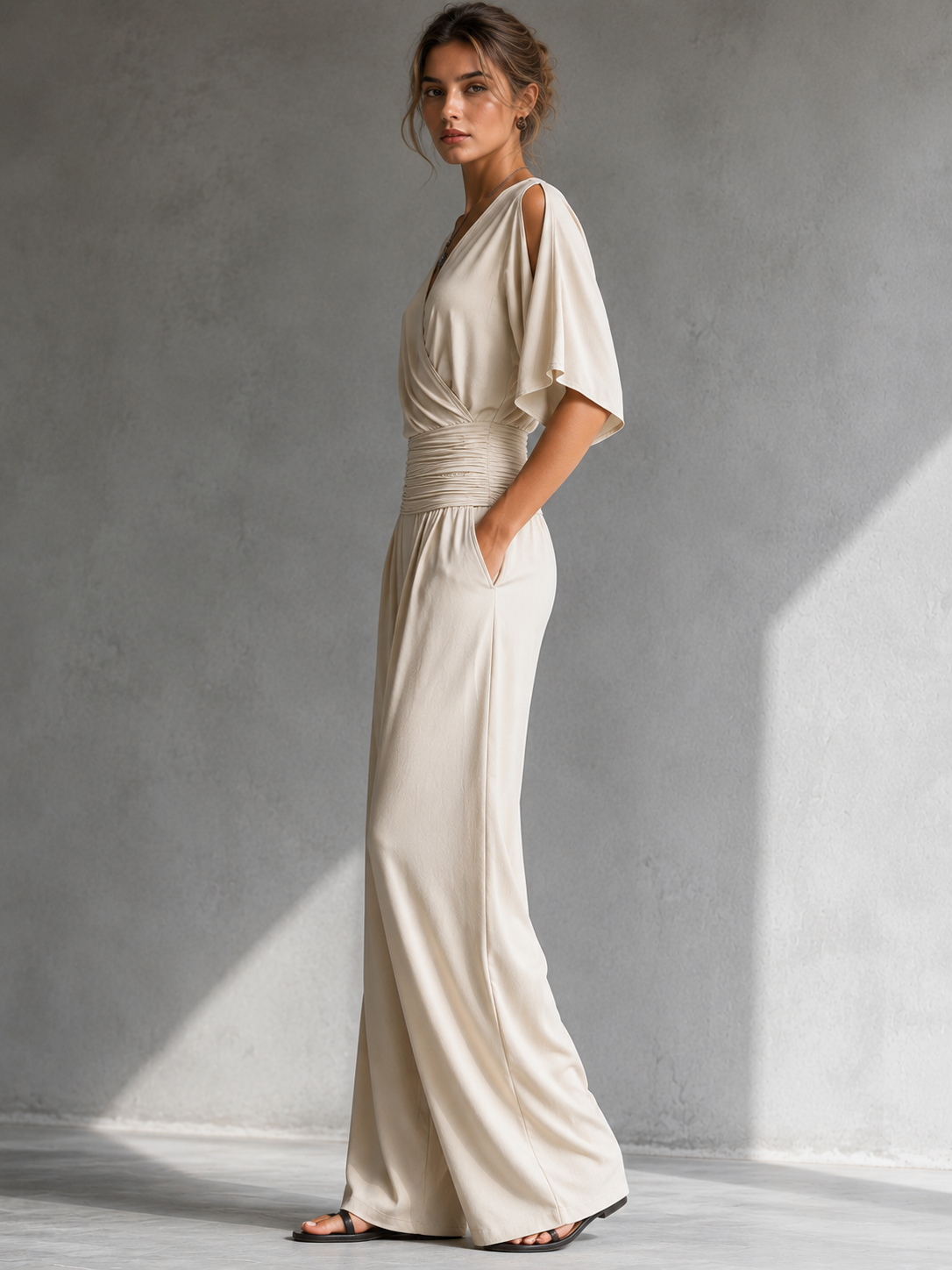 Cream wide-leg jumpsuit with side wrap V-neck and short draped sleeves