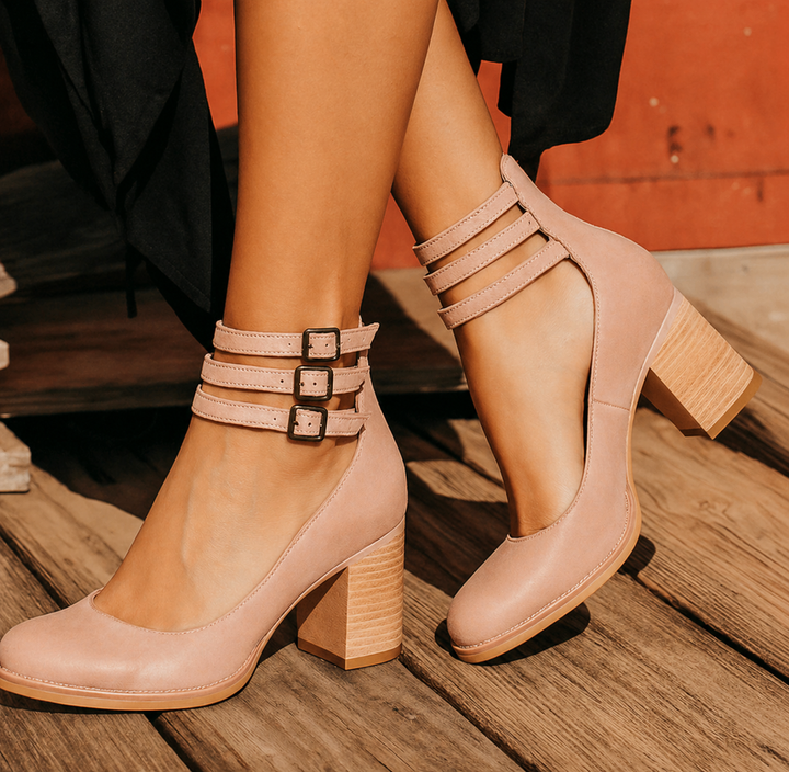 Women's tan ankle-strap block-heel sandals with square buckle detail