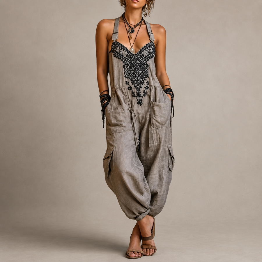 Boho halter jumpsuit with black embroidered chest panel, gray loose overalls pockets