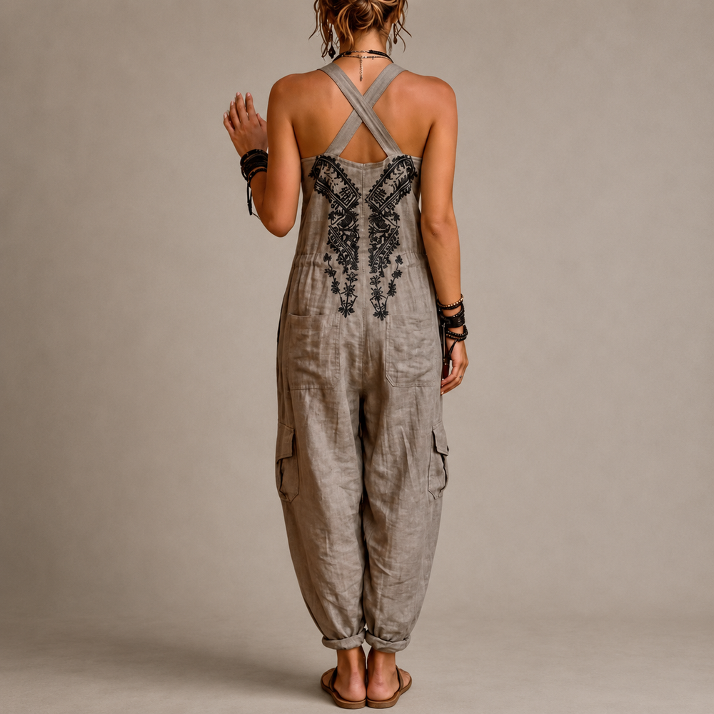 Back crisscross halter overalls jumpsuit with gray fabric and loose cargo pockets