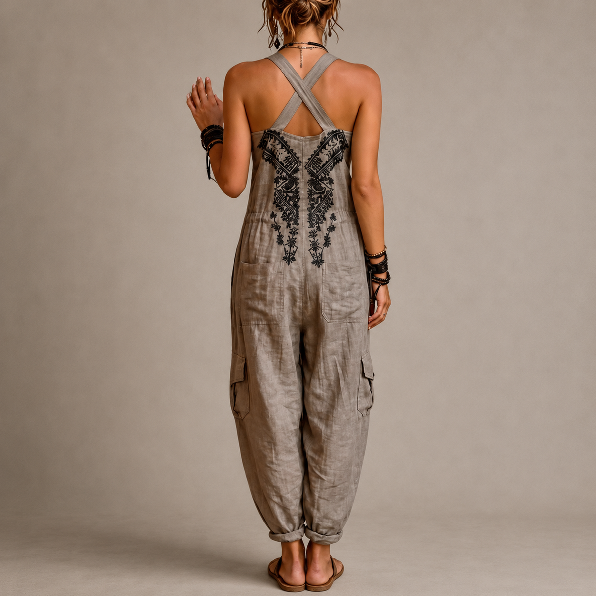 Back crisscross halter overalls jumpsuit with gray fabric and loose cargo pockets